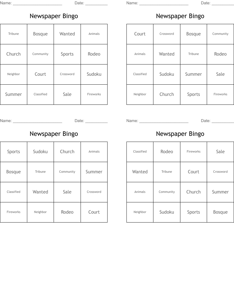 Newspaper Bingo