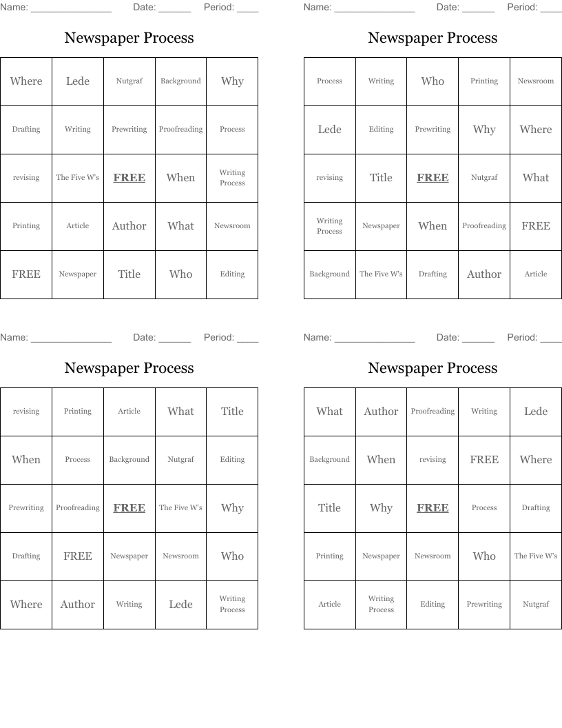 Newspaper Process Bingo Cards