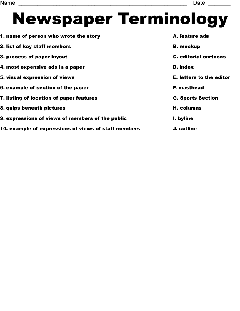 Newspaper Terminology Worksheet
