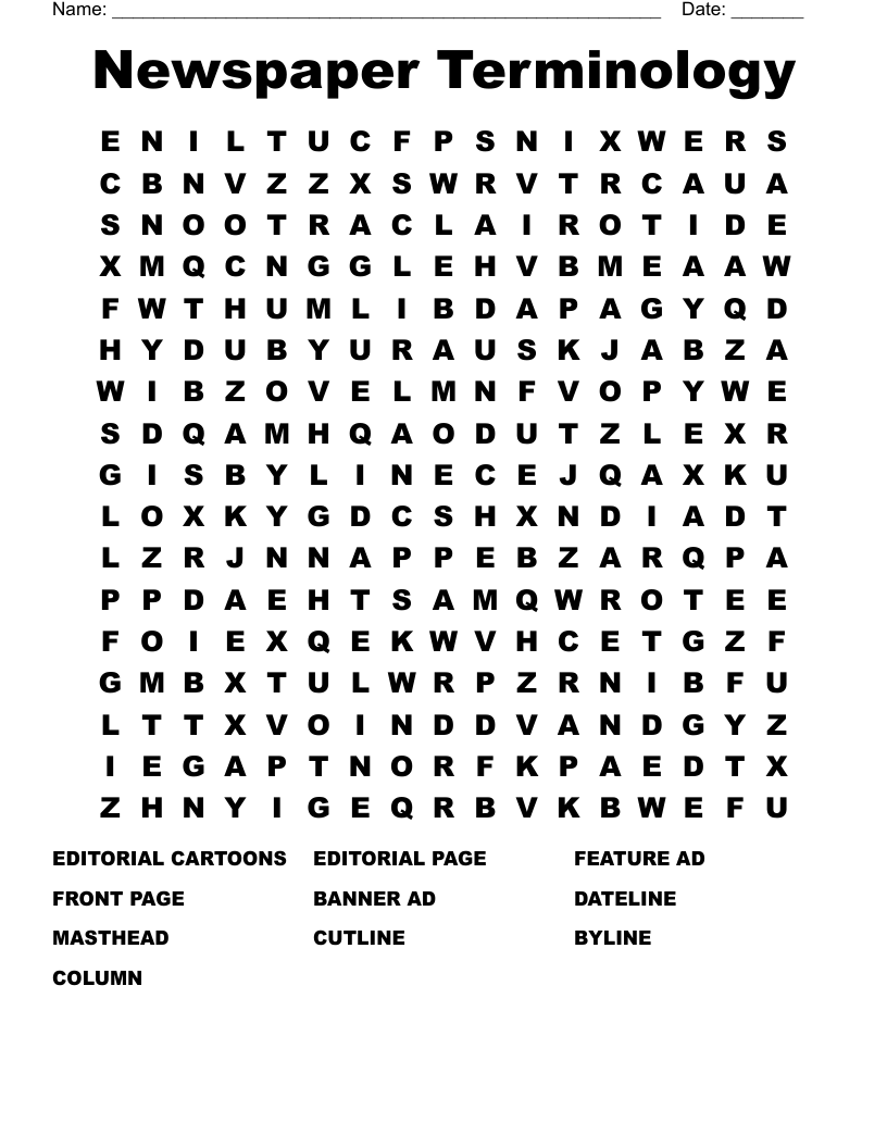 Newspaper Terminology Word Search