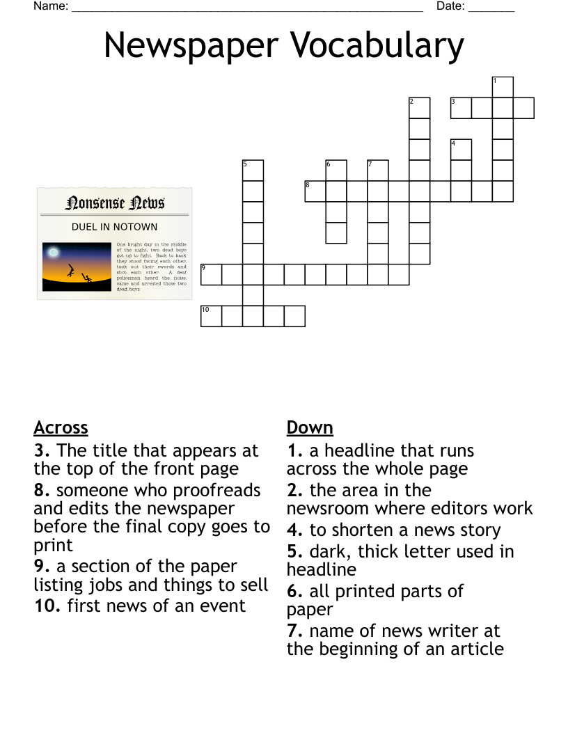 Newspaper Vocabulary Crossword