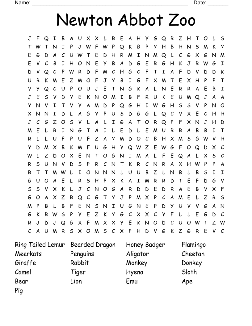 Newton Abbot Zoo Word Search