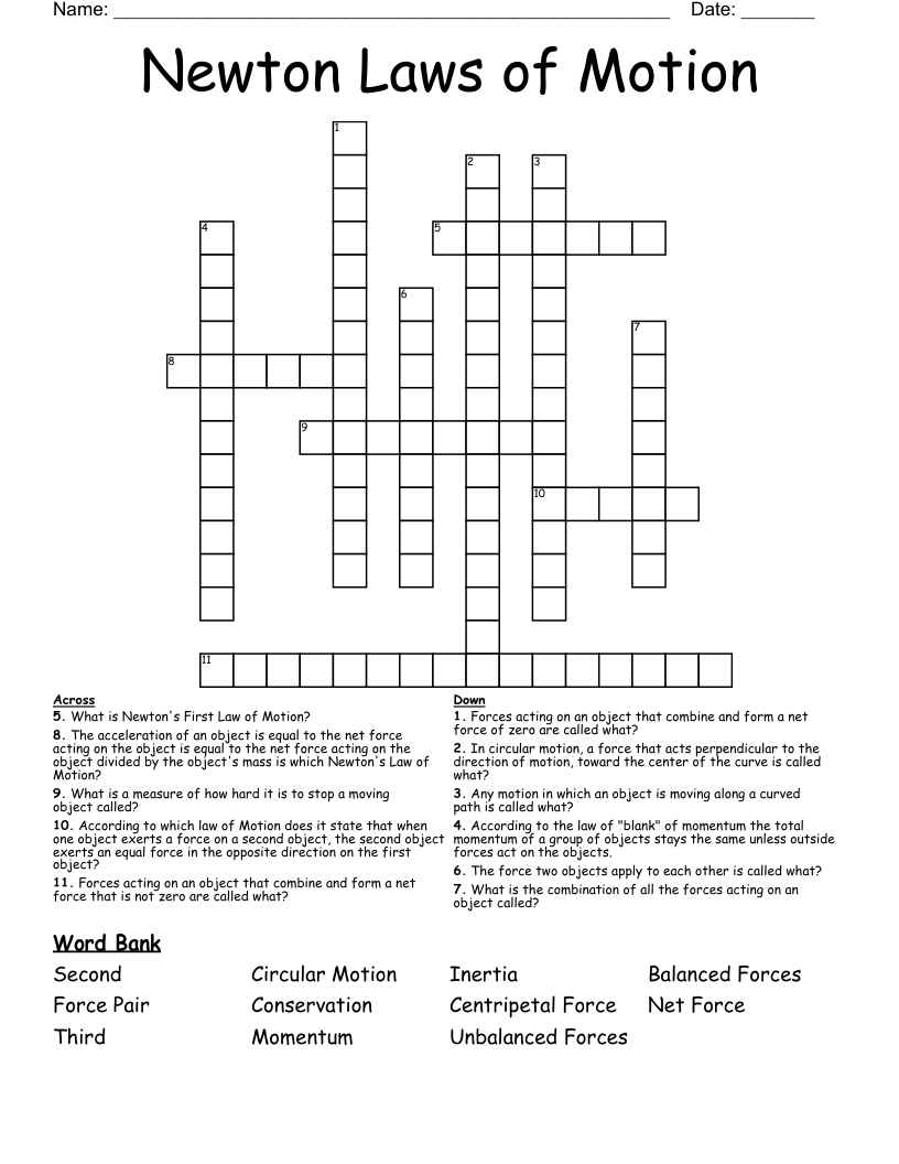 Newton Laws of Motion Crossword