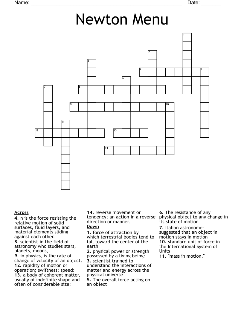 Newton Menu Crossword