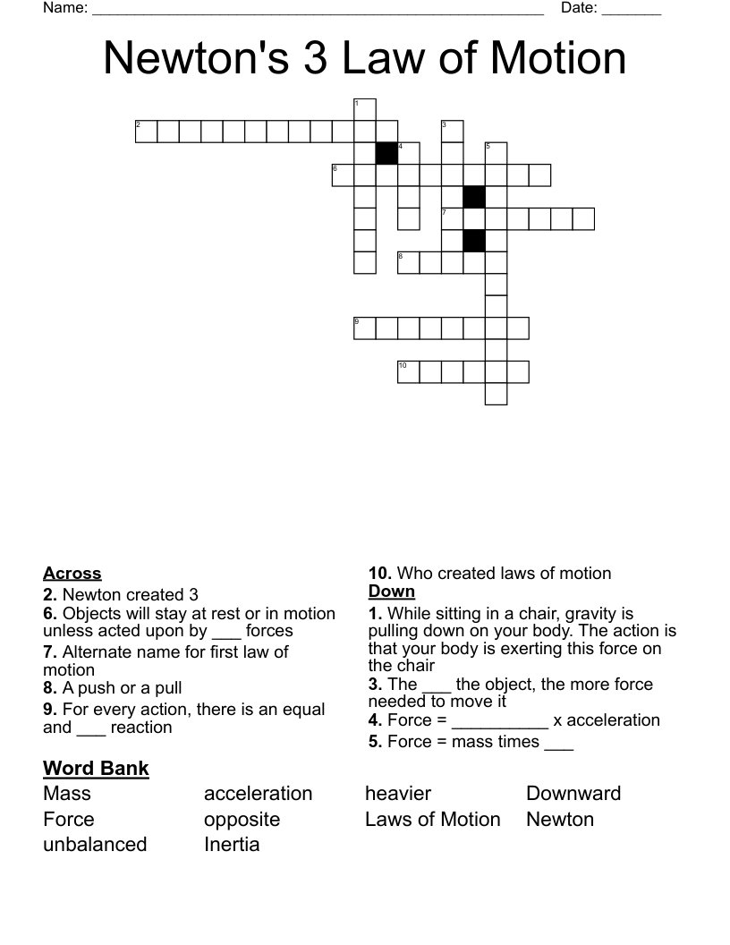 Newton's 3 Law of Motion Crossword