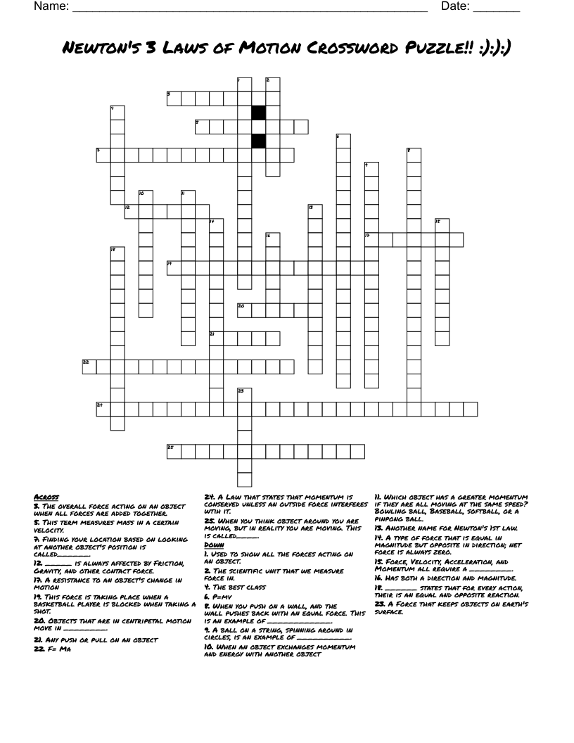 Newton's 3  Laws of Motion Crossword Puzzle!! :):):)