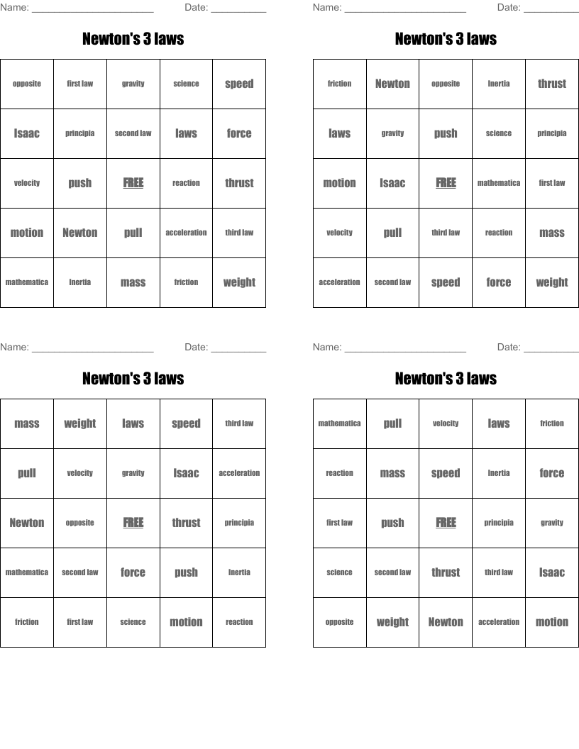 Newton's 3 laws Bingo Cards