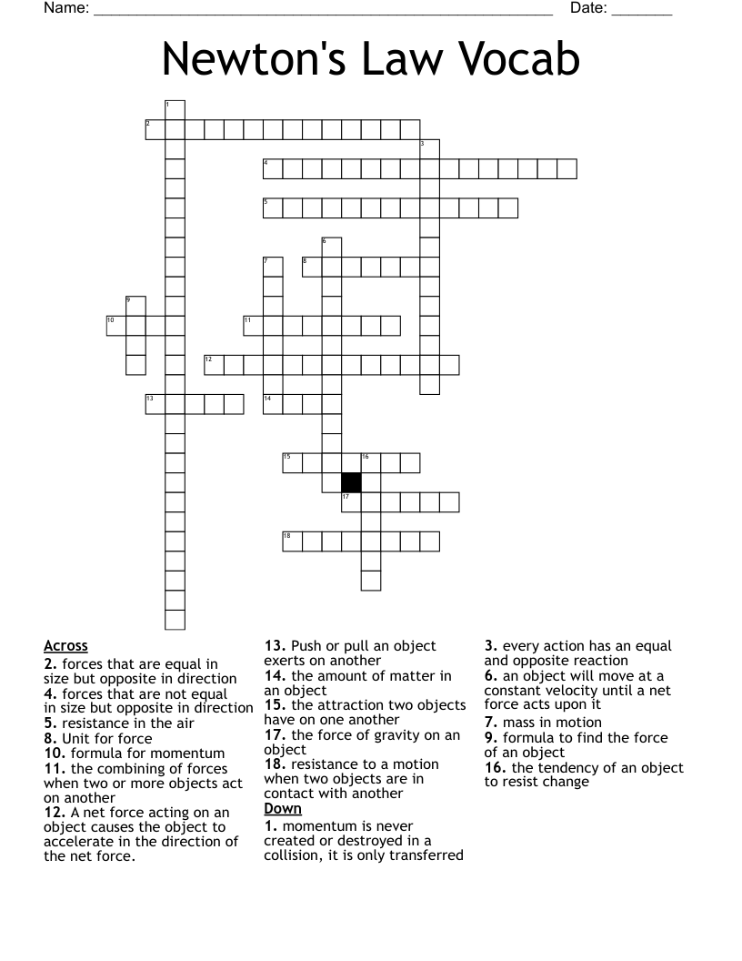 Newton's Law Vocab Crossword