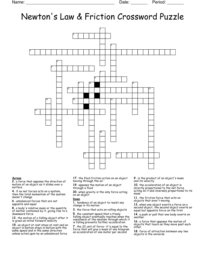 Newton's Law & Friction Crossword Puzzle