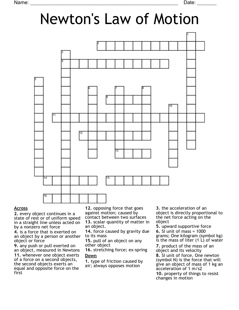 Newton's Law of Motion Crossword