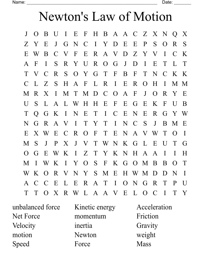 Newton's Law of Motion Word Search