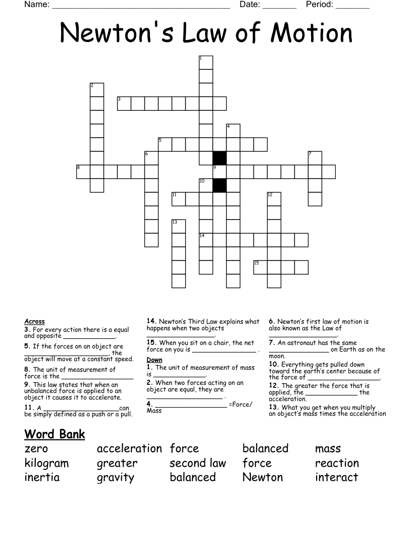 Newton's Law of Motion Crossword