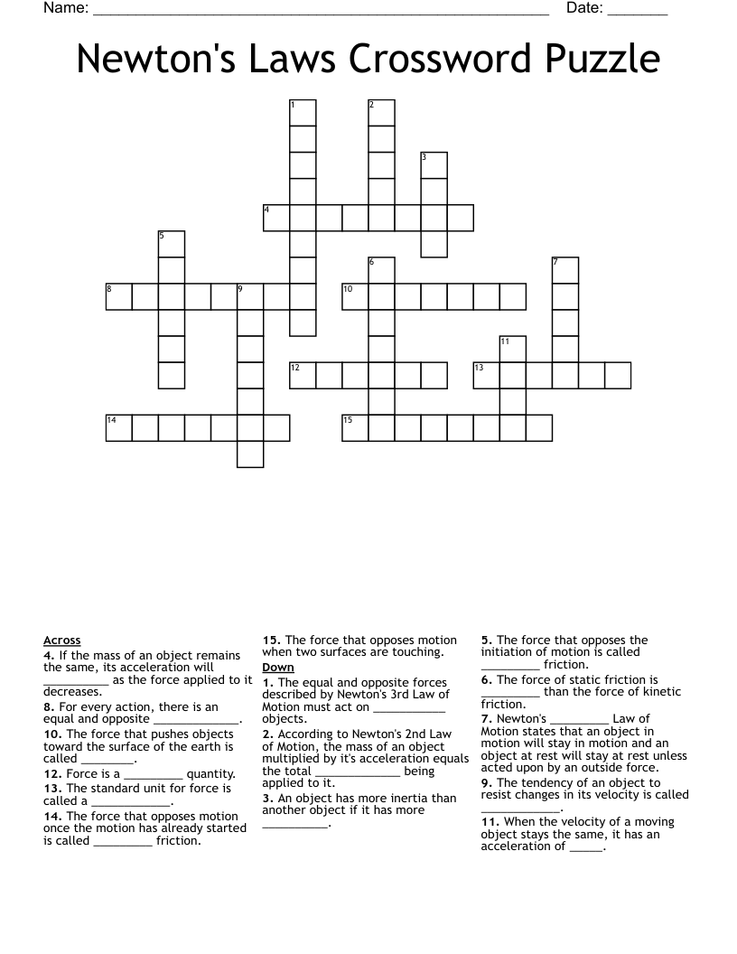 Newton's Laws Crossword Puzzle