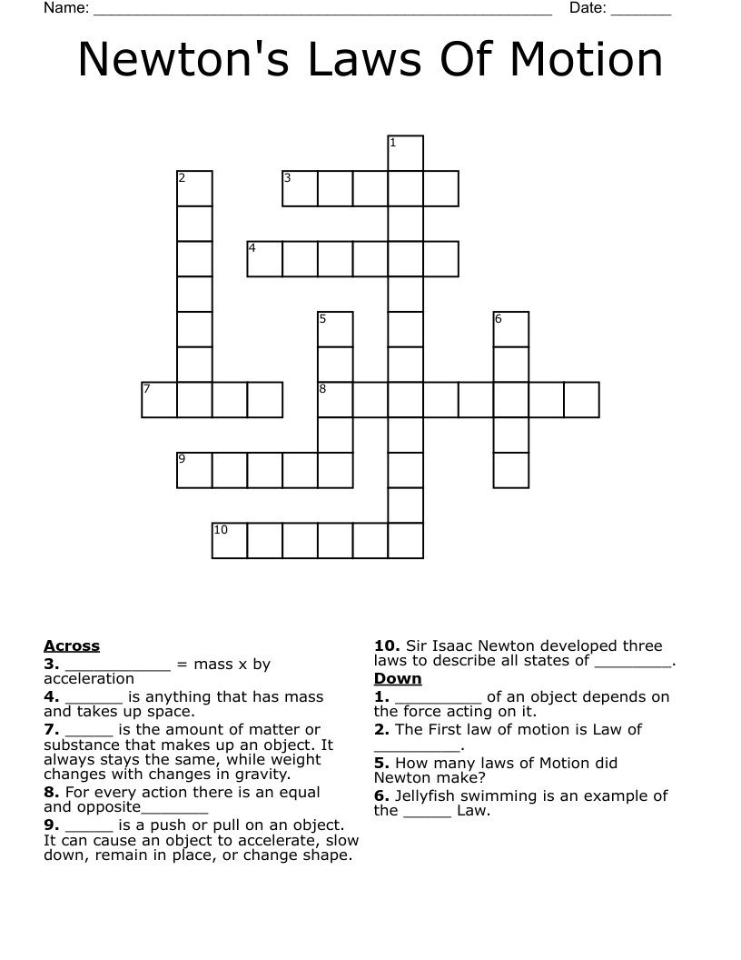 Newton's Laws Of Motion Crossword
