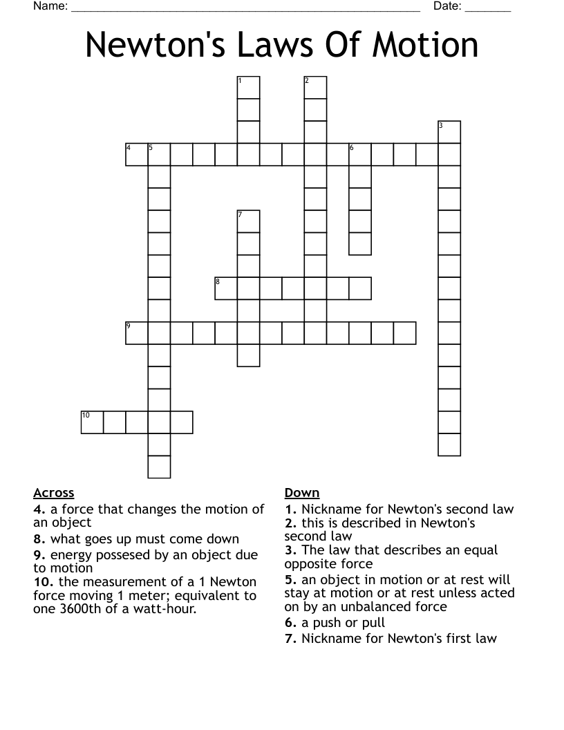 Newton's Laws Of Motion Crossword