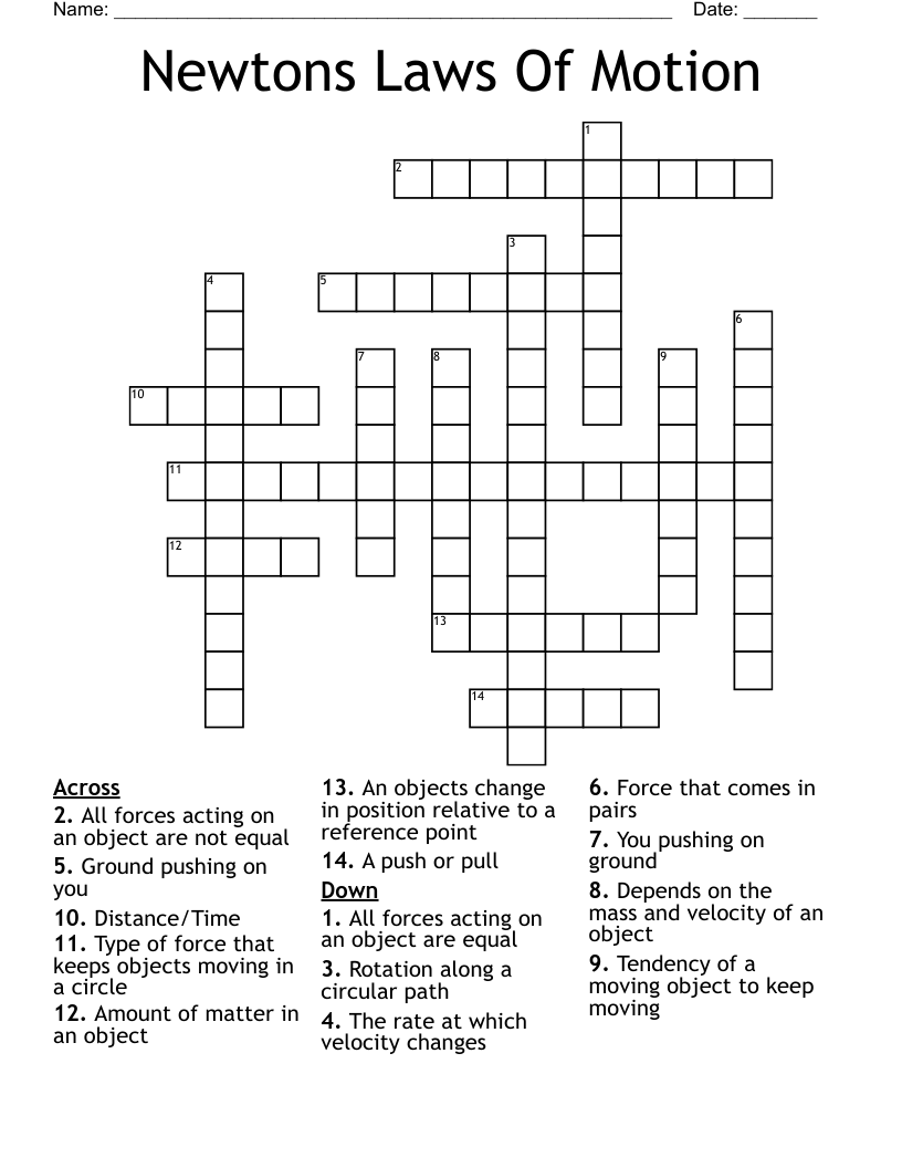 Newtons Laws Of Motion  Crossword