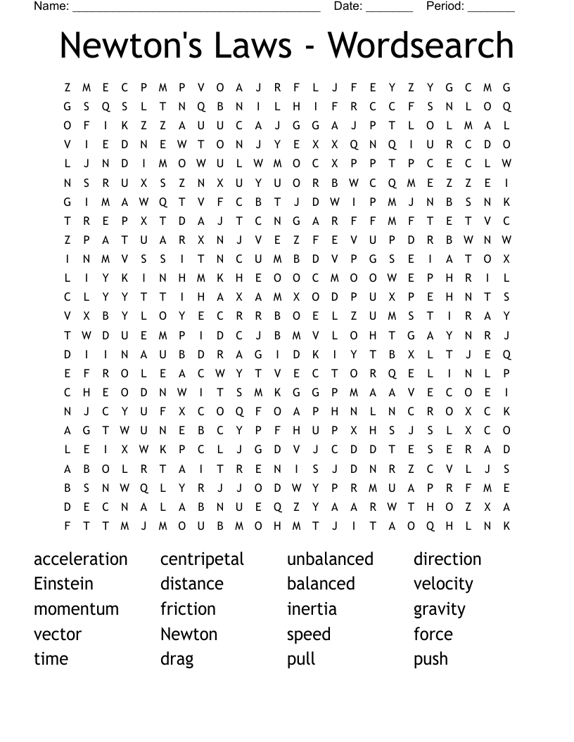 Newton's Laws - Wordsearch