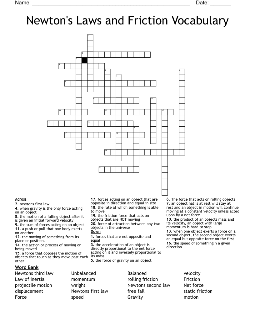 Newton's Laws and Friction Vocabulary Crossword