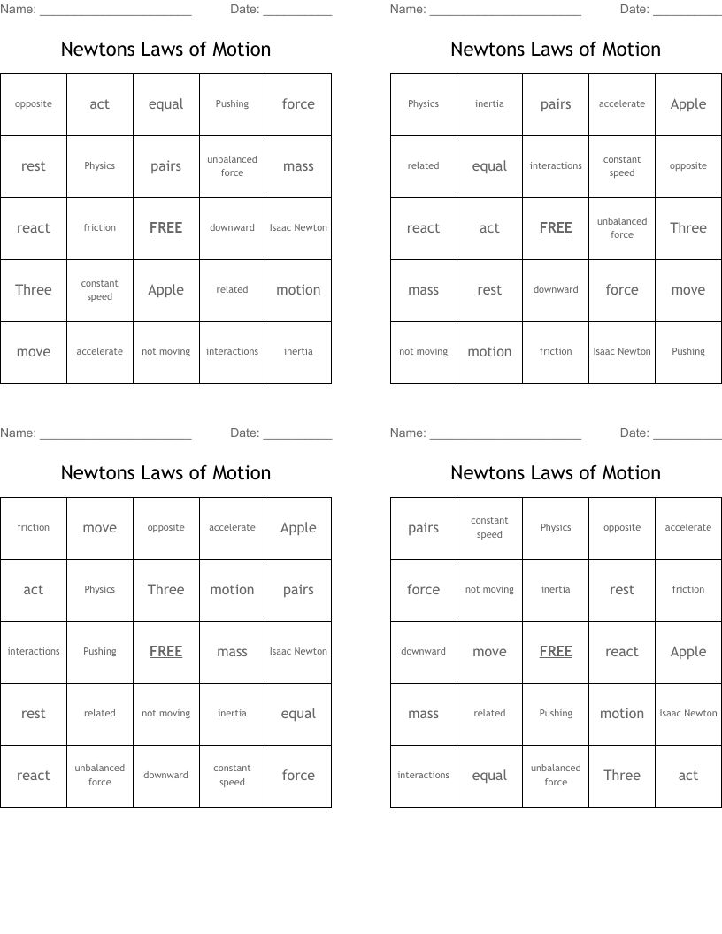 Newtons Laws of Motion Bingo Cards