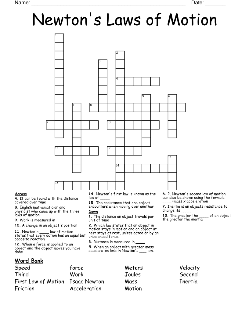 Newton's Laws of Motion Crossword