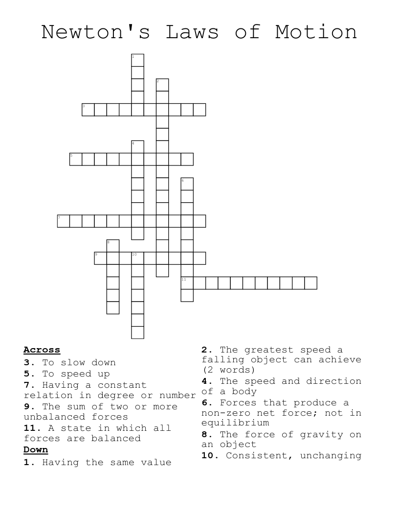 Newton's Laws of Motion Crossword