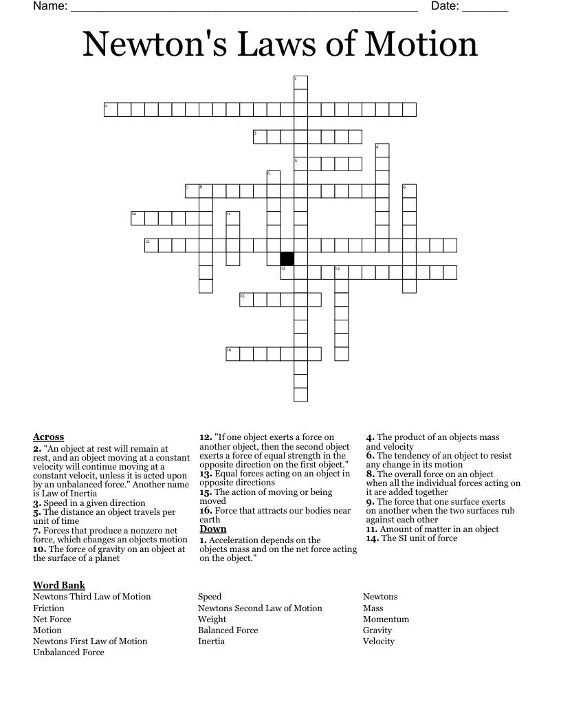 Newton's Laws of Motion Crossword