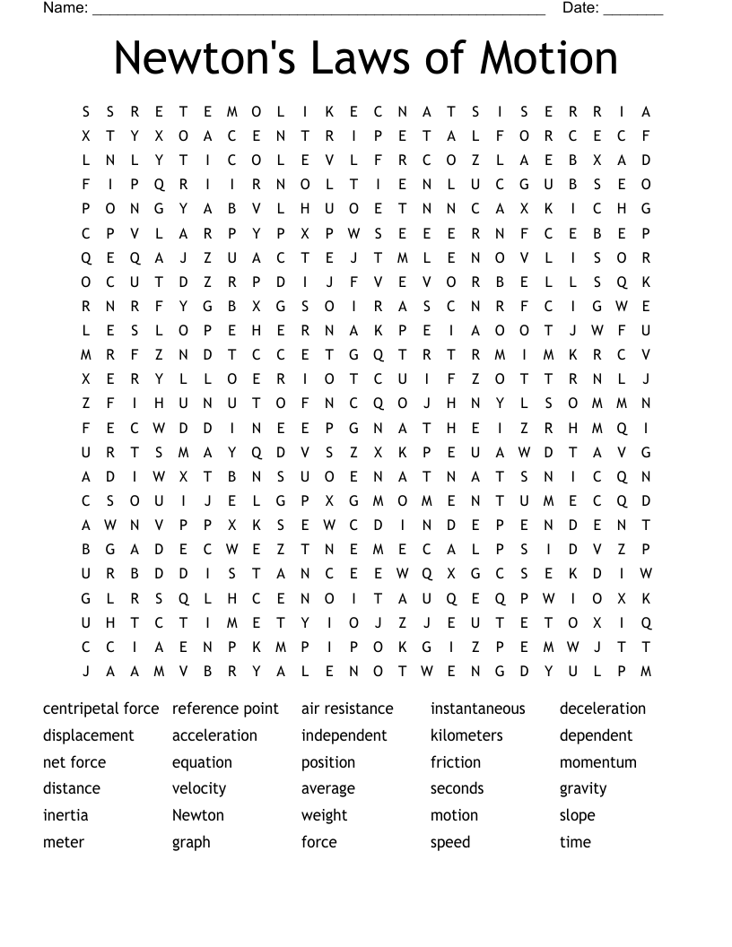 Newton's Laws of Motion Word Search