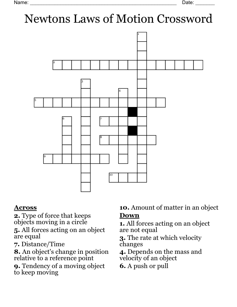 Newtons Laws of Motion Crossword