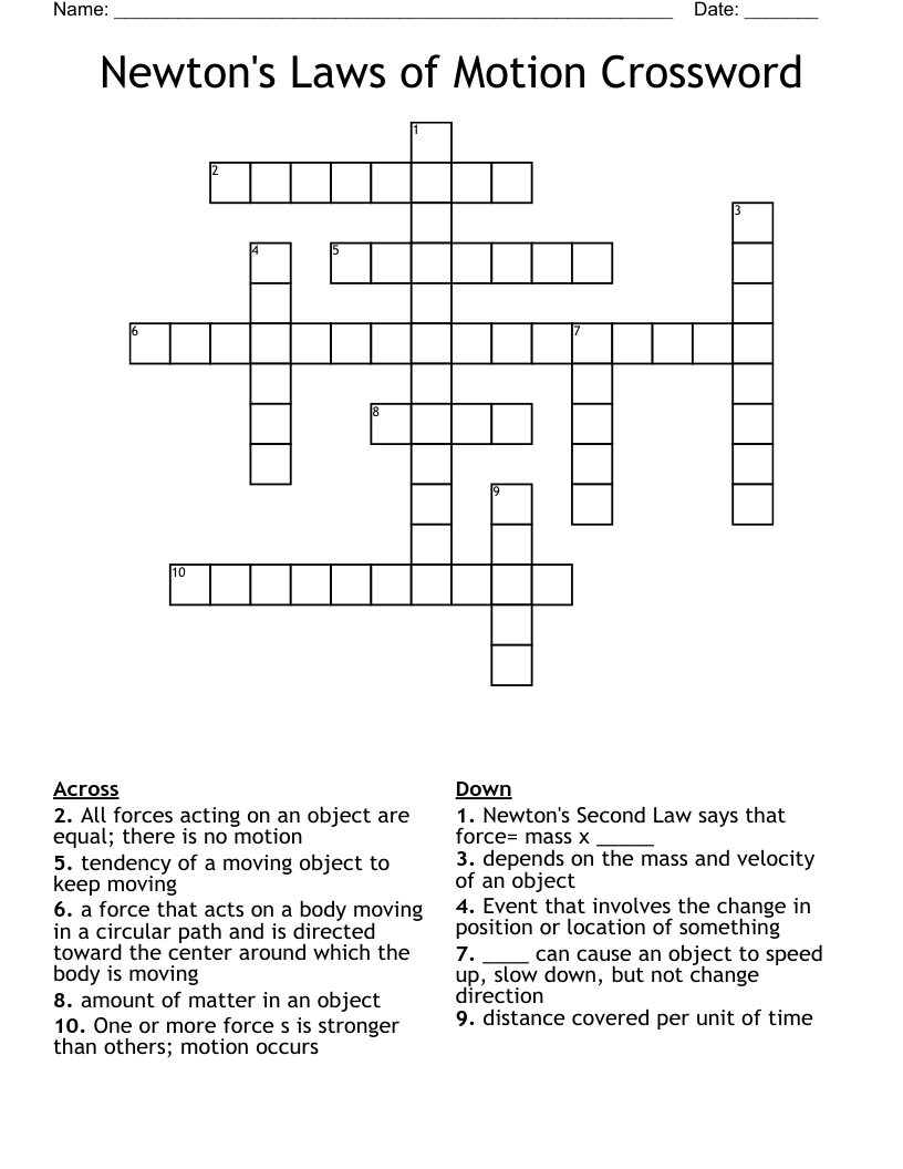 Newton's Laws of Motion Crossword 