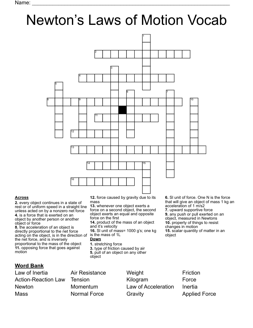 Newton’s Laws of Motion Vocab Crossword