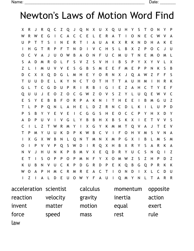 Newton's Laws of Motion Word Find Word Search