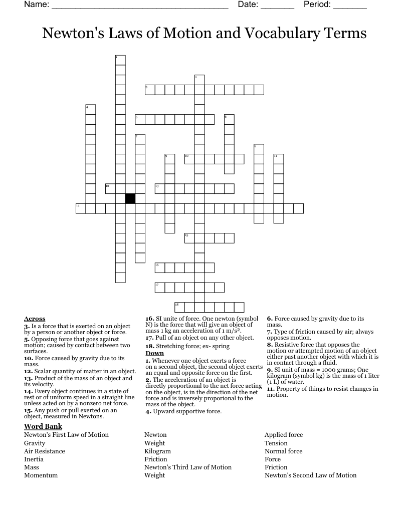 Newton's Laws of Motion and Vocabulary Terms Crossword