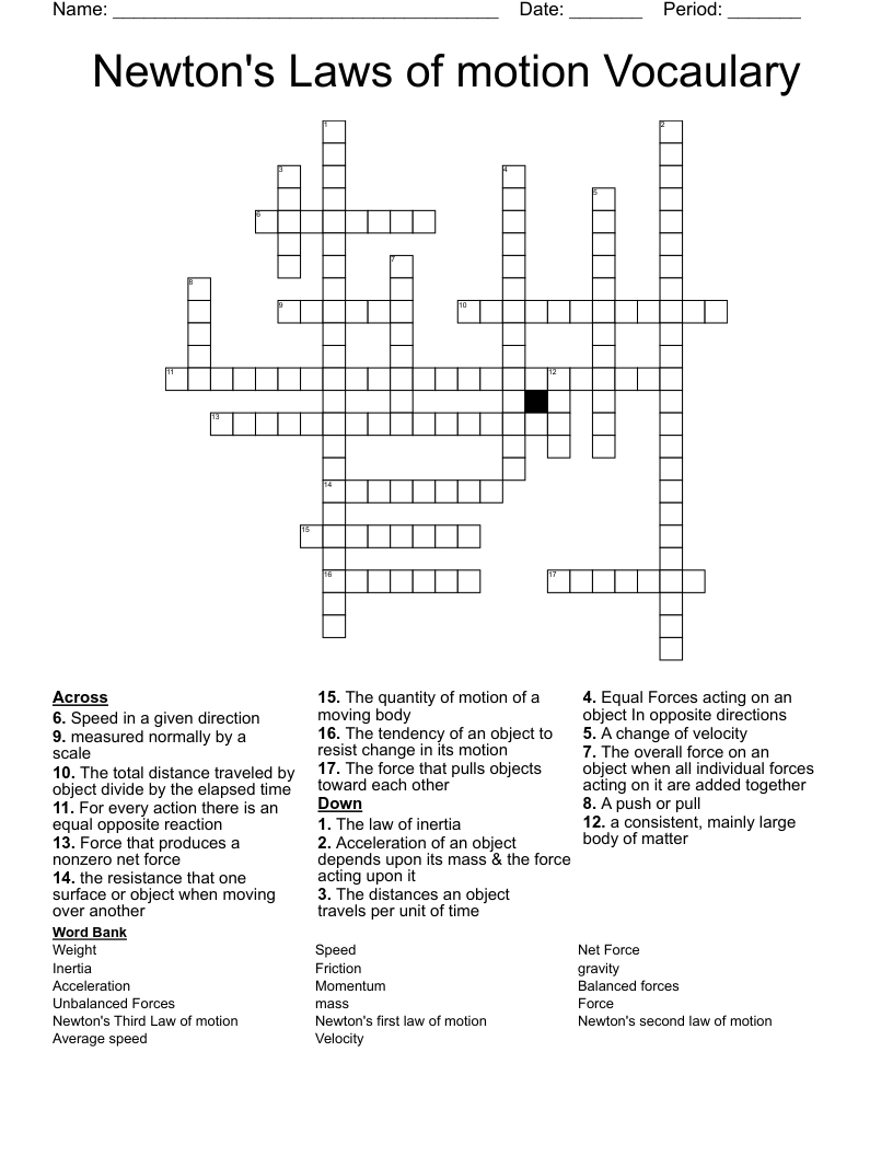 Newton's Laws of motion Vocaulary Crossword