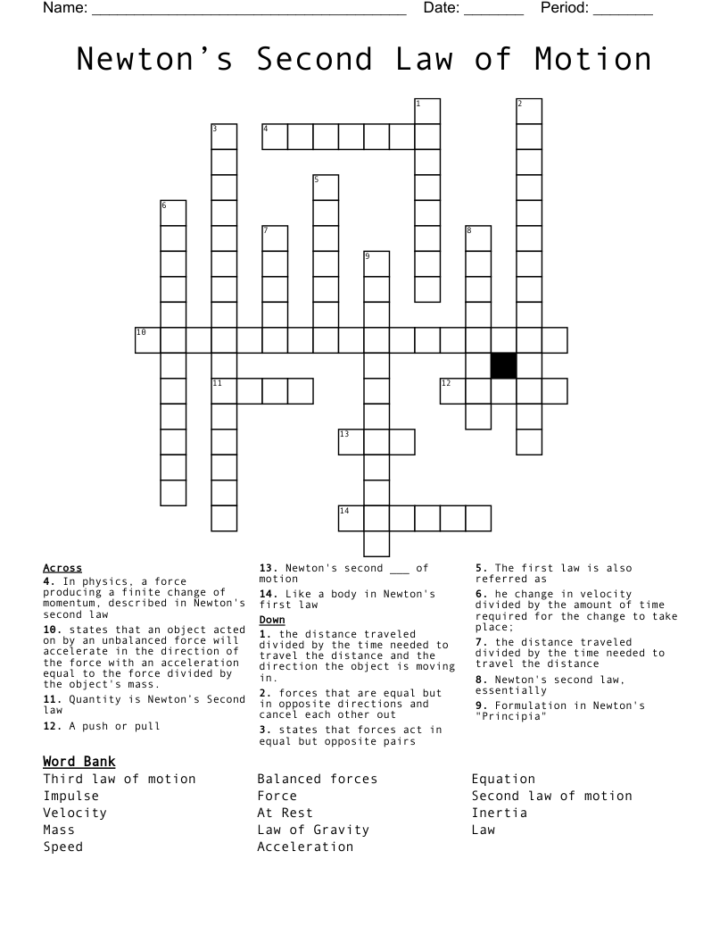 Newton’s Second Law of Motion Crossword