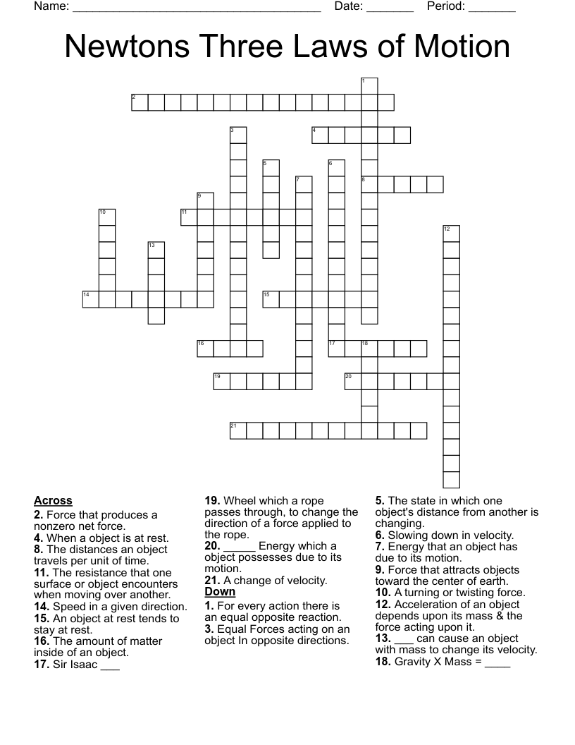 Newtons Three Laws of Motion  Crossword
