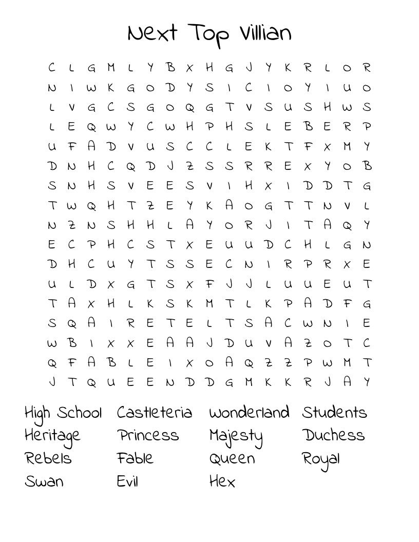 Next Top Villian Word Search
