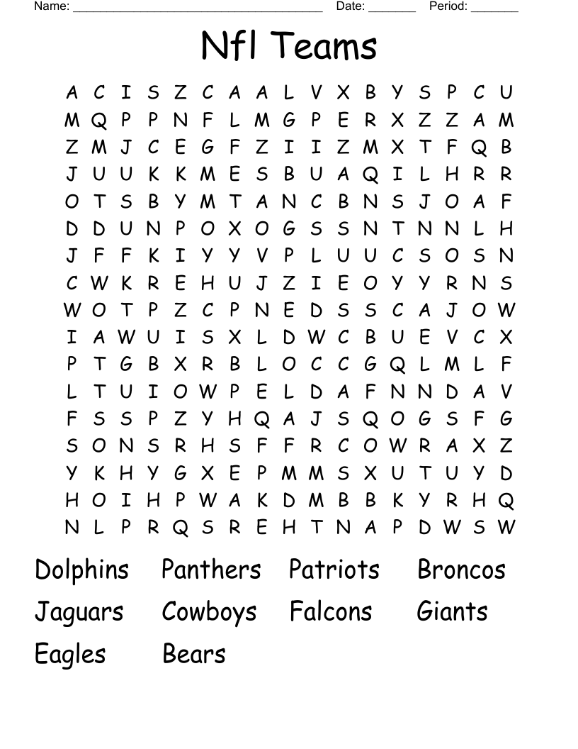 Nfl Teams Word Search