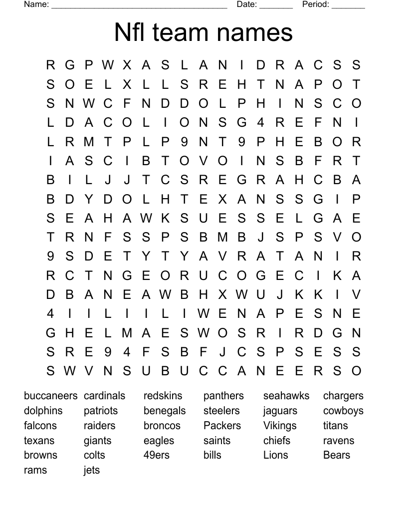 Nfl team names Word Search
