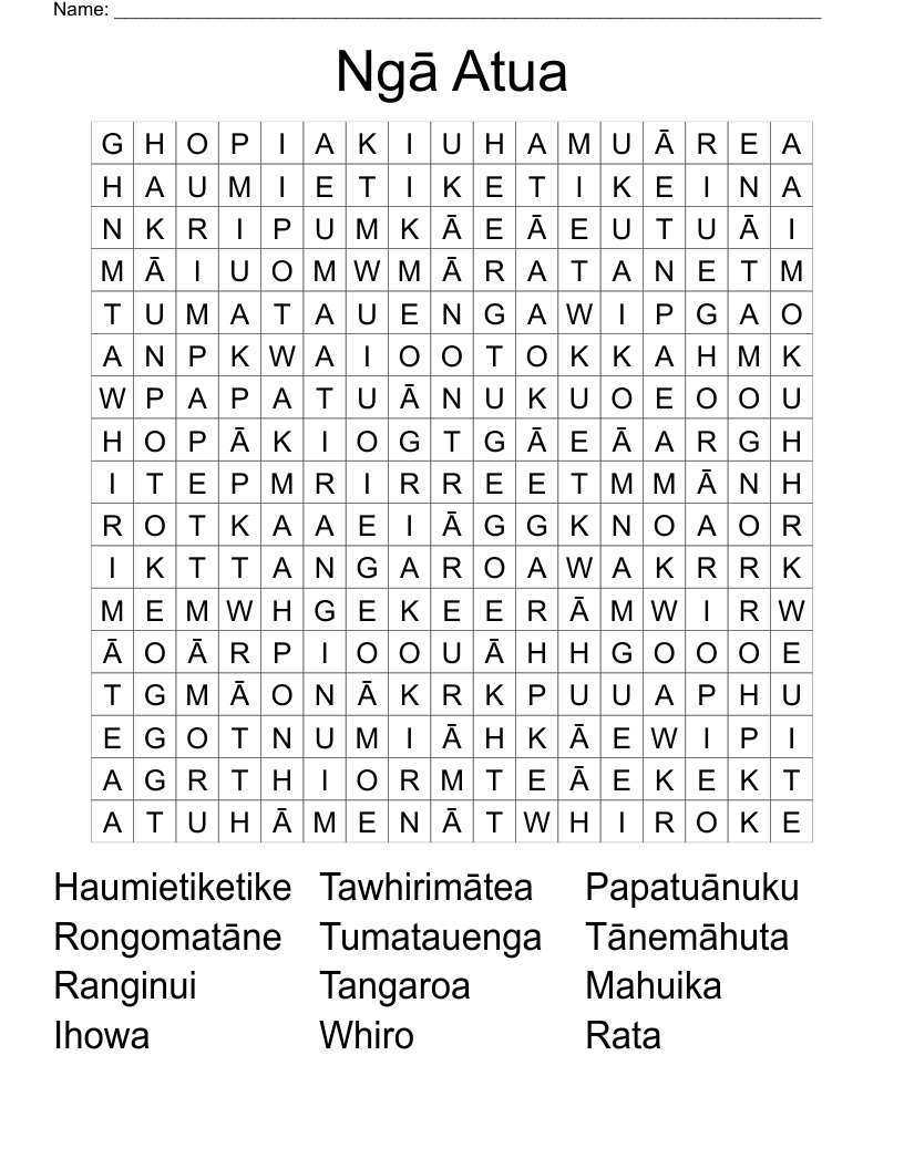 Ngā Atua Word Search