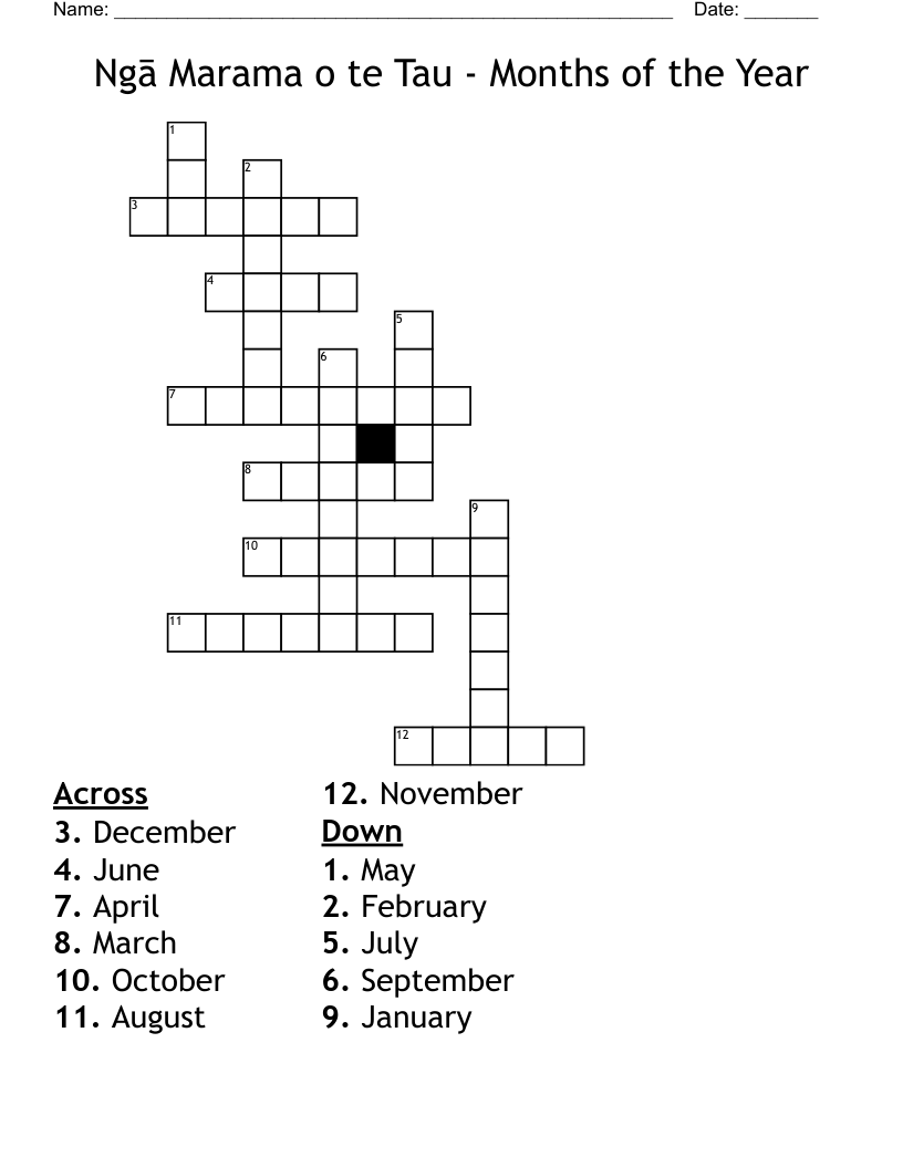 Ngā Marama o te Tau - Months of the Year Crossword