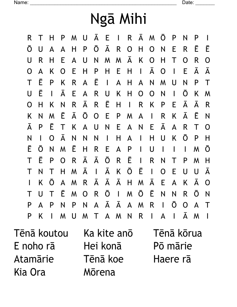 Ngā Mihi Word Search
