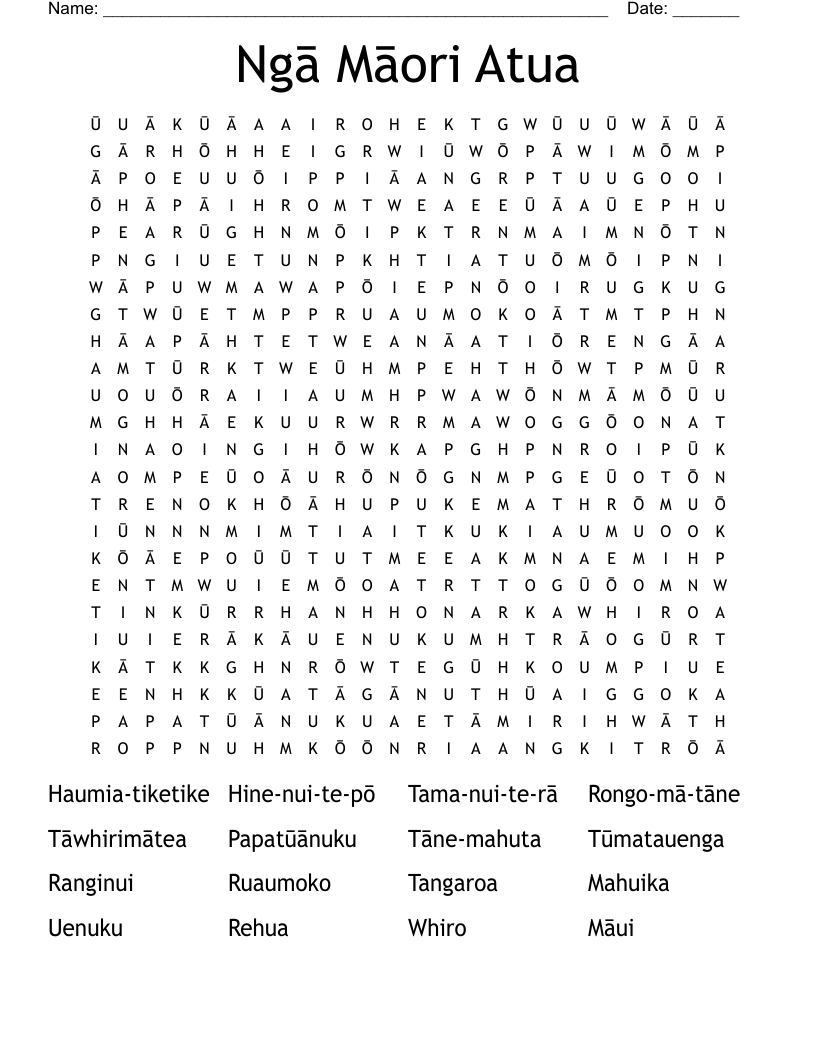 Ngā Māori Atua Word Search
