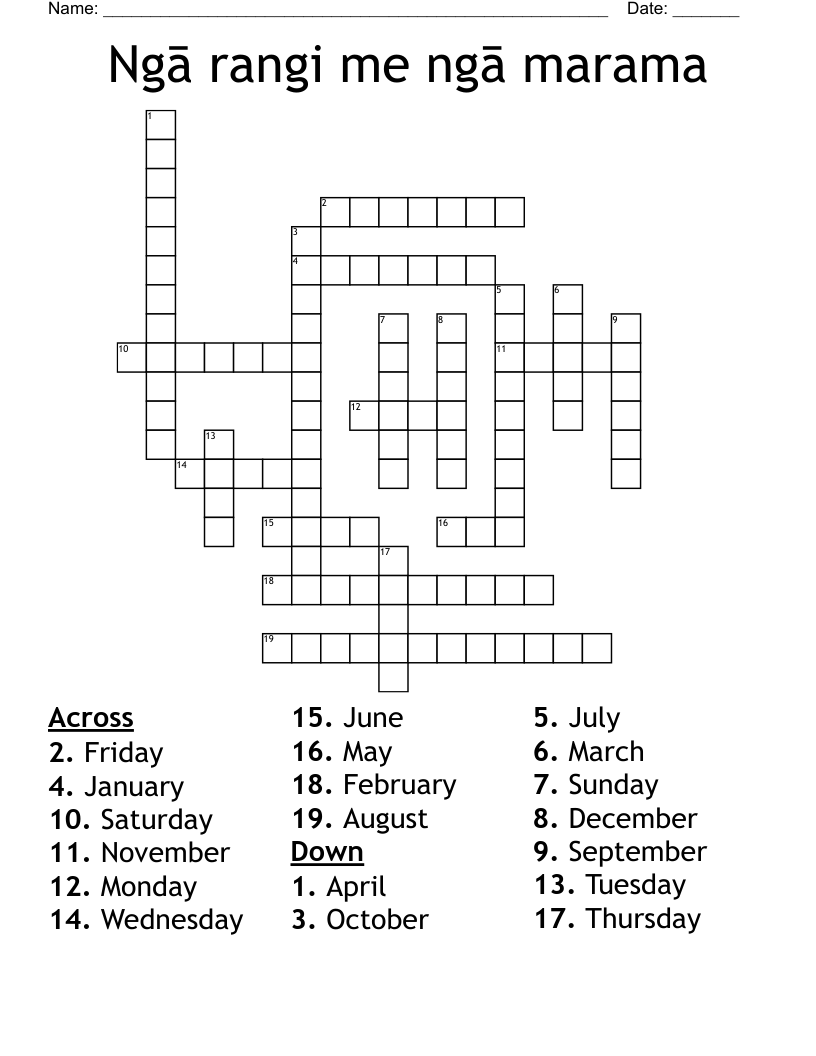 Ngā rangi me ngā marama Crossword