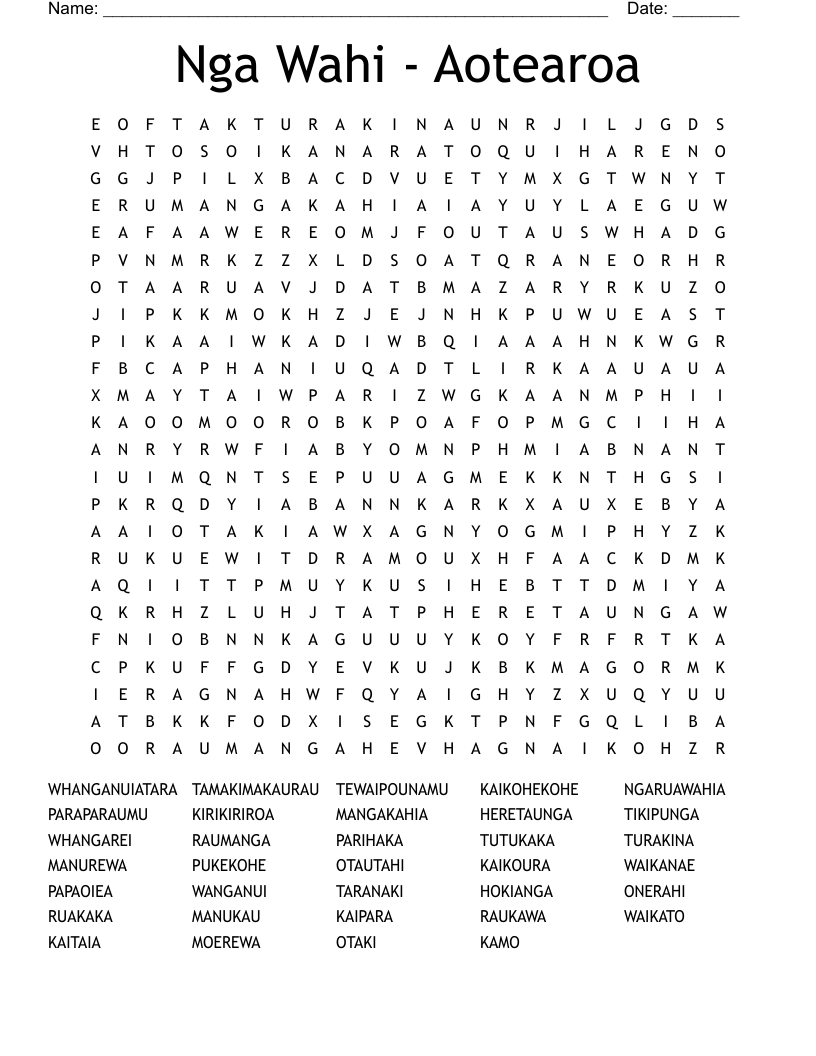 Nga Wahi - Aotearoa Word Search