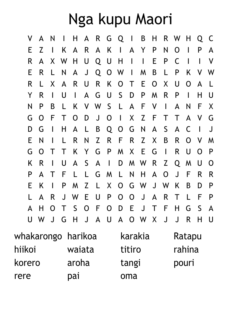 Nga kupu Maori Word Search