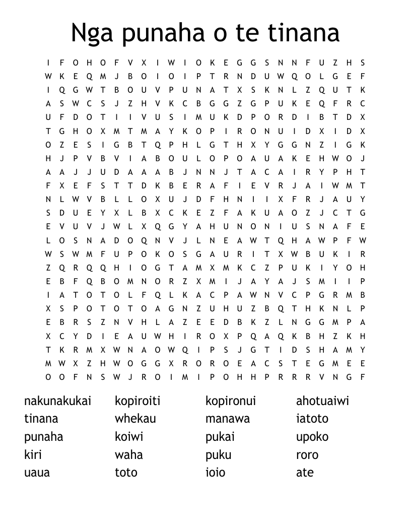 Nga punaha o te tinana Word Search