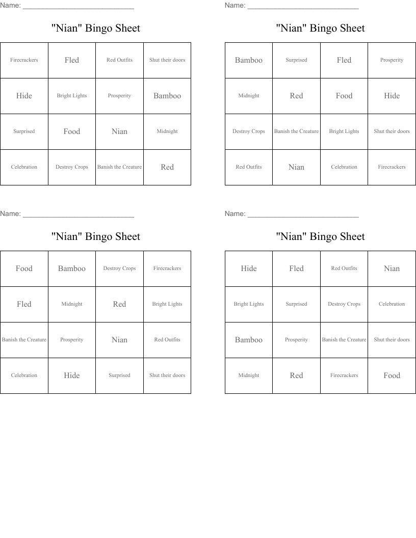 "Nian" Bingo Sheet