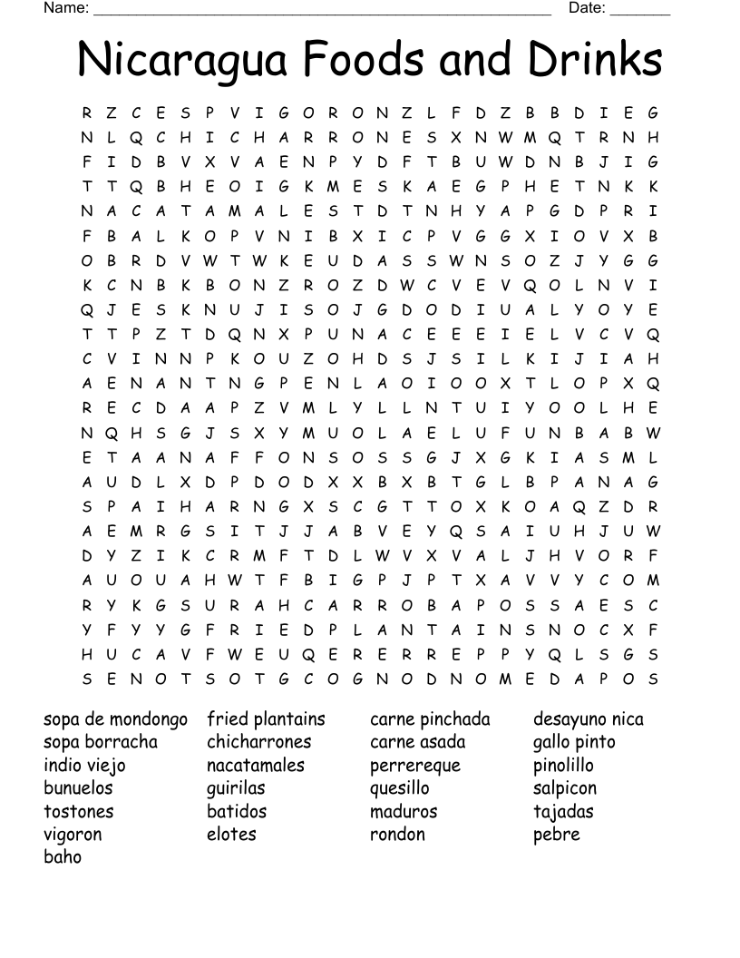 Nicaragua Foods and Drinks Word Search