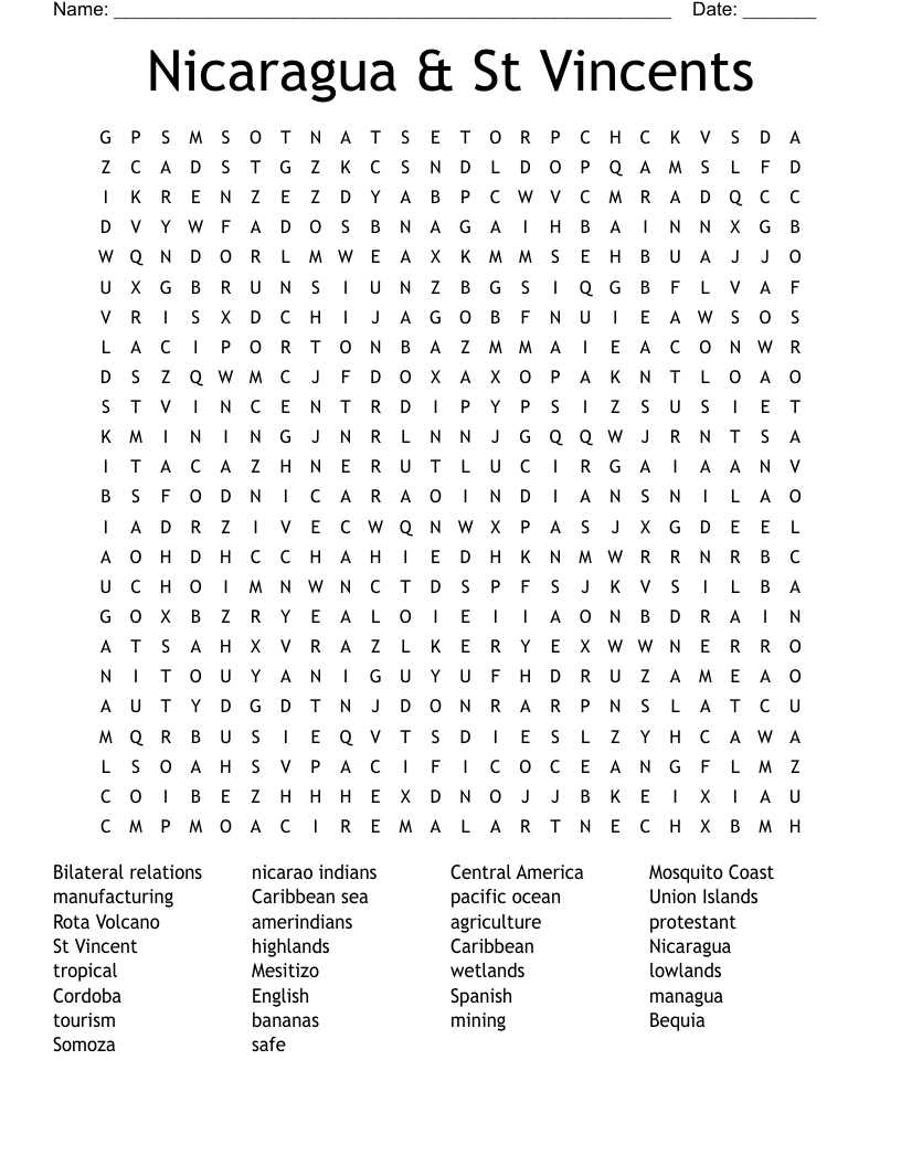 Nicaragua & St Vincents Word Search
