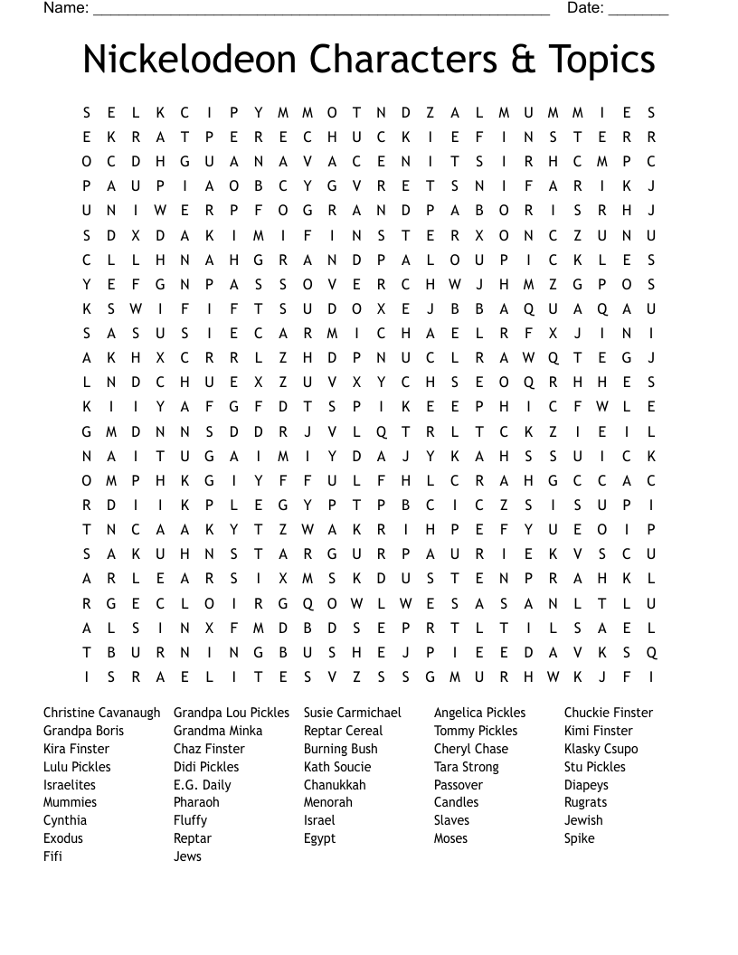 Nickelodeon  Characters & Topics Word Search